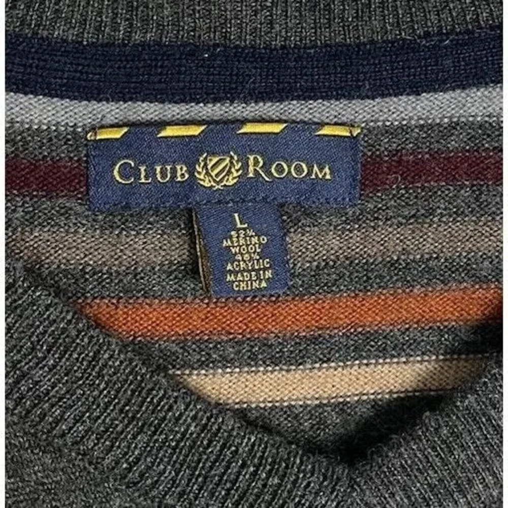 Club Room Men's Merino Wool Blend Gray Striped V-Neck Sweater‎ Size L